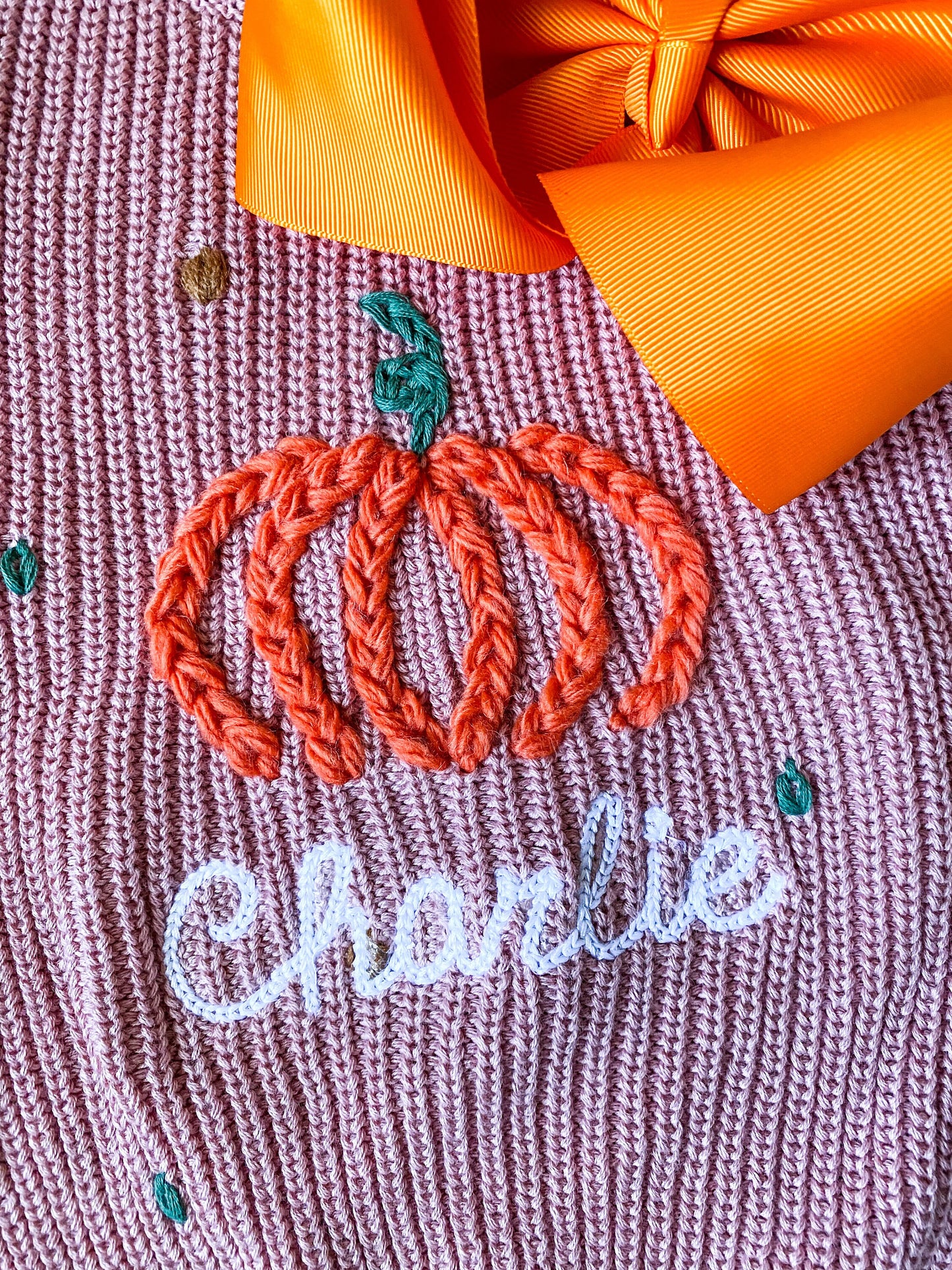 Toddler/Baby Fall Monogrammed Pumpkin Sweater with Bow, Yarn Stitch, Pumpkin Patch Outfit With Name, Gift, Chunky Knit Sweater for Baby