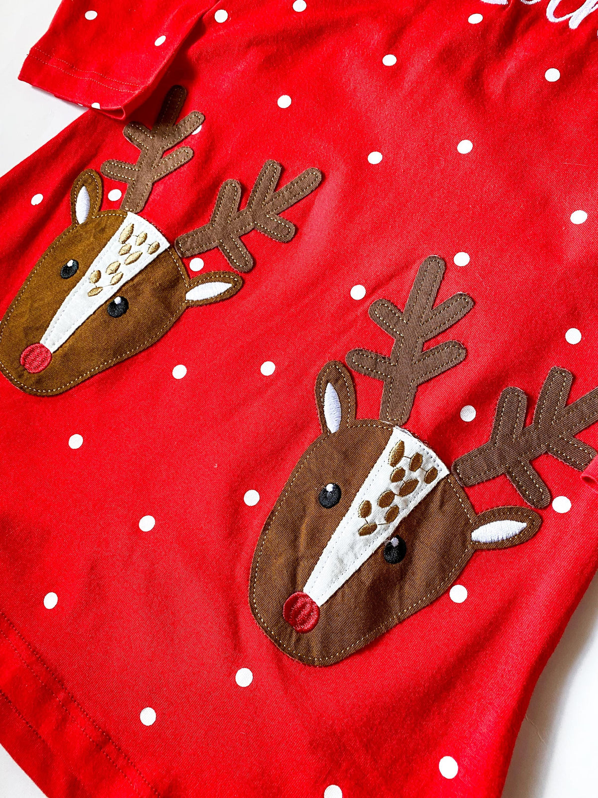 Girl's Monogrammed Christmas Reindeer Dress, Cotton Dress with Name, Family Christmas Photo Outfit, Christmas Holiday Party Dress - Savannah Creations