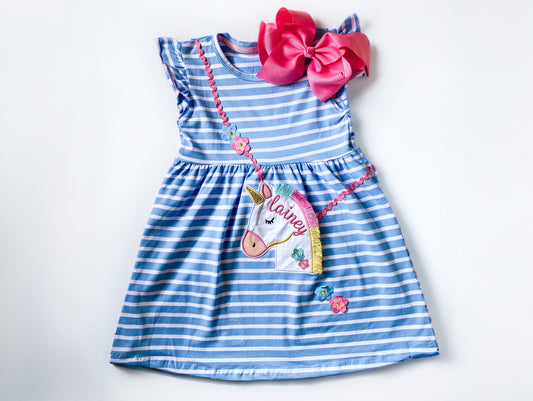Girl's Monogrammed Unicorn Purse Dress, Embroidered Unicorn Dress, Customized, Summer Dress, Birthday Gift, Vacation Outfit