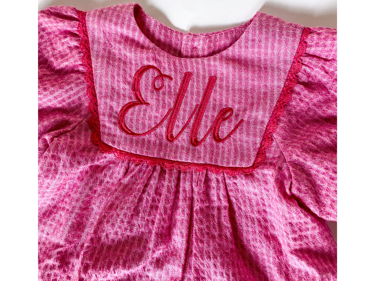 Toddler Easter Dress, Pink Monogrammed Lace Trim Textured Dress, Special Occassion, Embroidered
