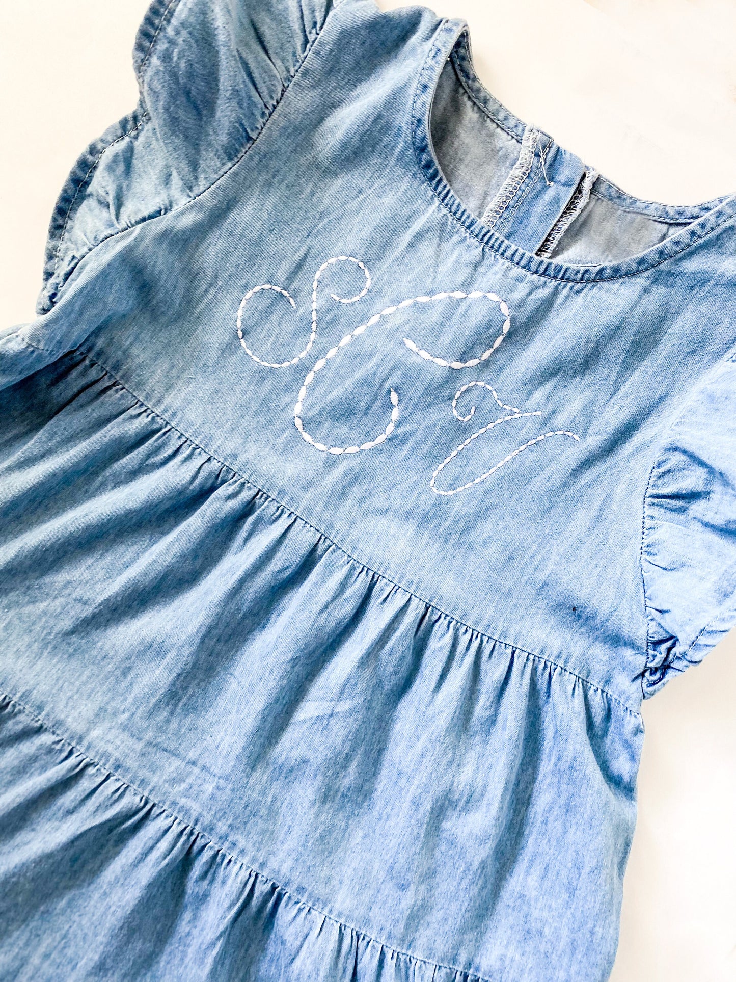 Girls monogrammed Denim Dress, Embroidered Tiered Dress, Birthday Gift, Summer, Back to School