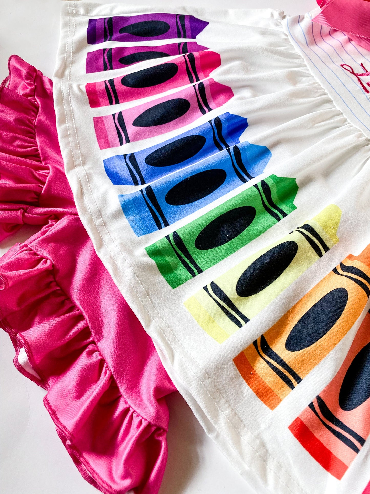 Girl's Back to School Monogrammed Crayon 2 Piece Outfit, Personalized 2 piece outfit with Shorts and Matching Bow