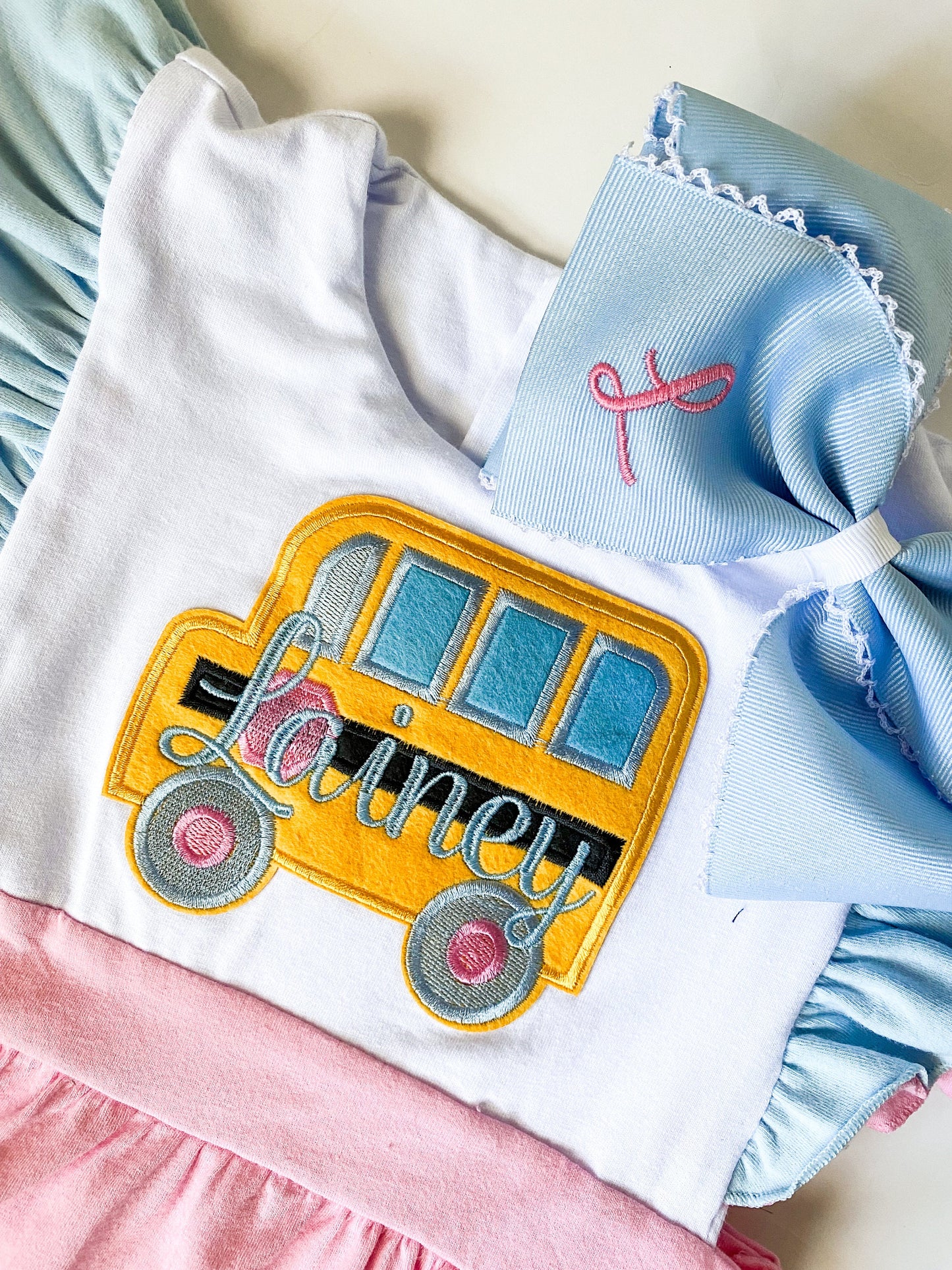 Girl's Back To School Monogrammed 2 Piece Outfit, Tunic and Ruffle Shorts, Customized with School Bus Design, First Day of School, and bow