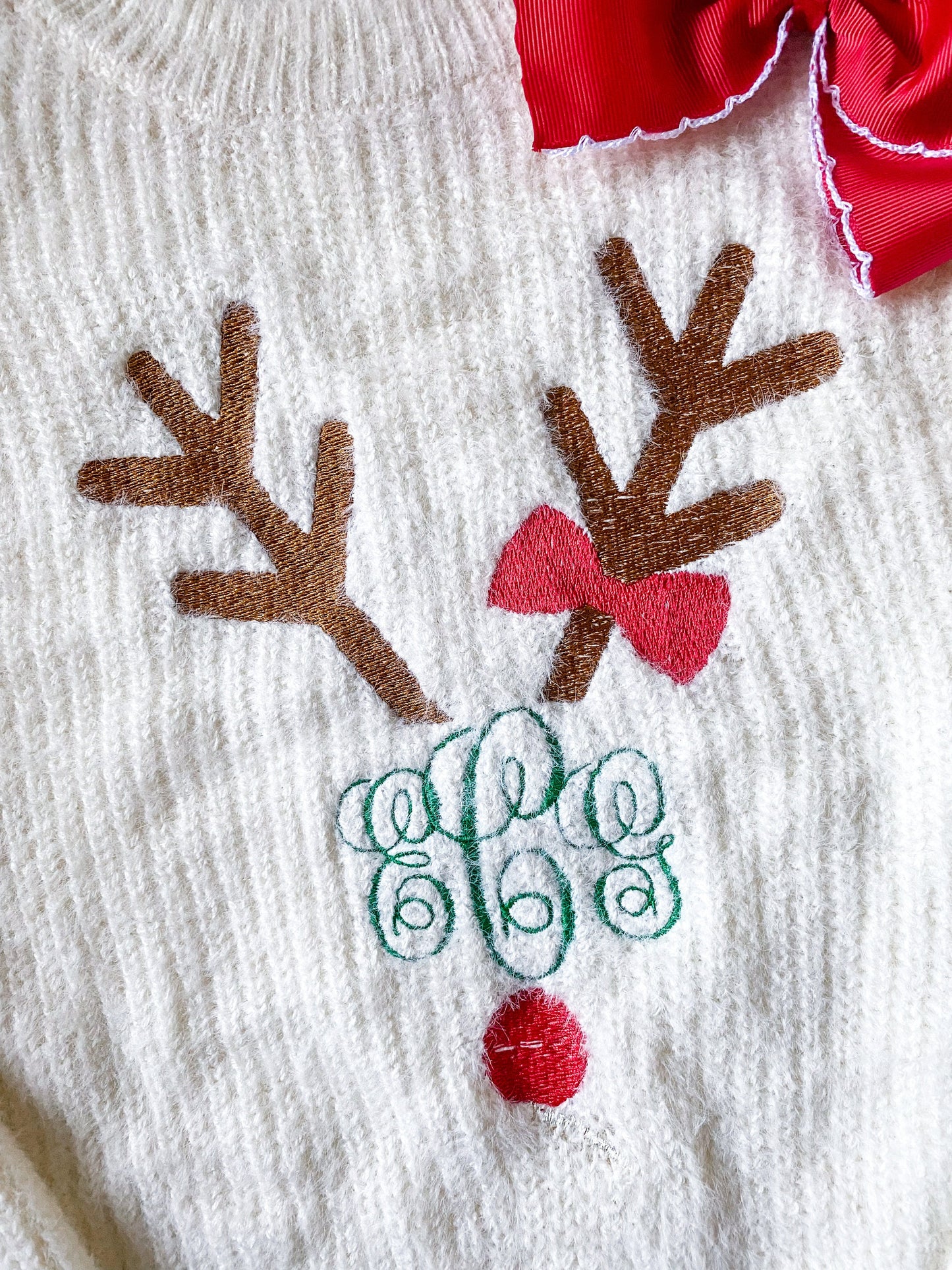 Girl's Monogrammed Reindeer Design Ribbed Crewneck Christmas Sweater With Matching Bow, Custom Sweater for Winter, Gift - Savannah Creations
