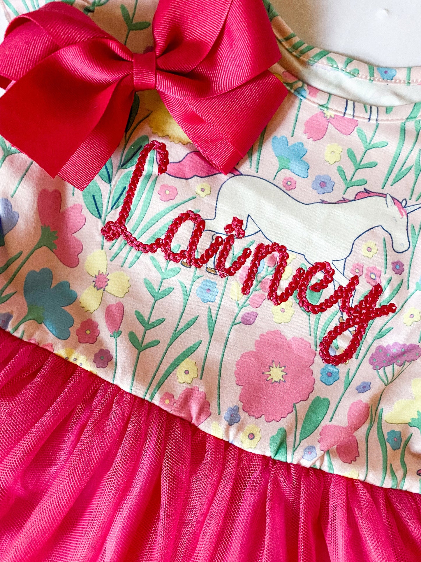 Girl's Monogrammed Summer Dress, Birthday Dress, Pink Tutu Skirt with Embroidered Name, Unicorn and Flower Tutu Dress with Matching Bow