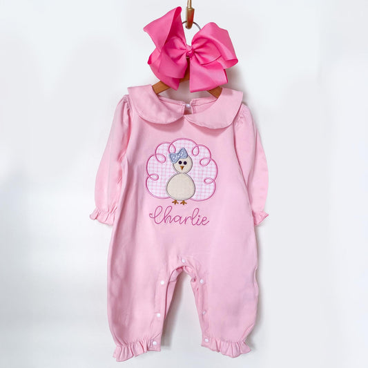 Personalized Baby Girl Thanksgiving Romper: Embroidered Turkey, Monogrammed
