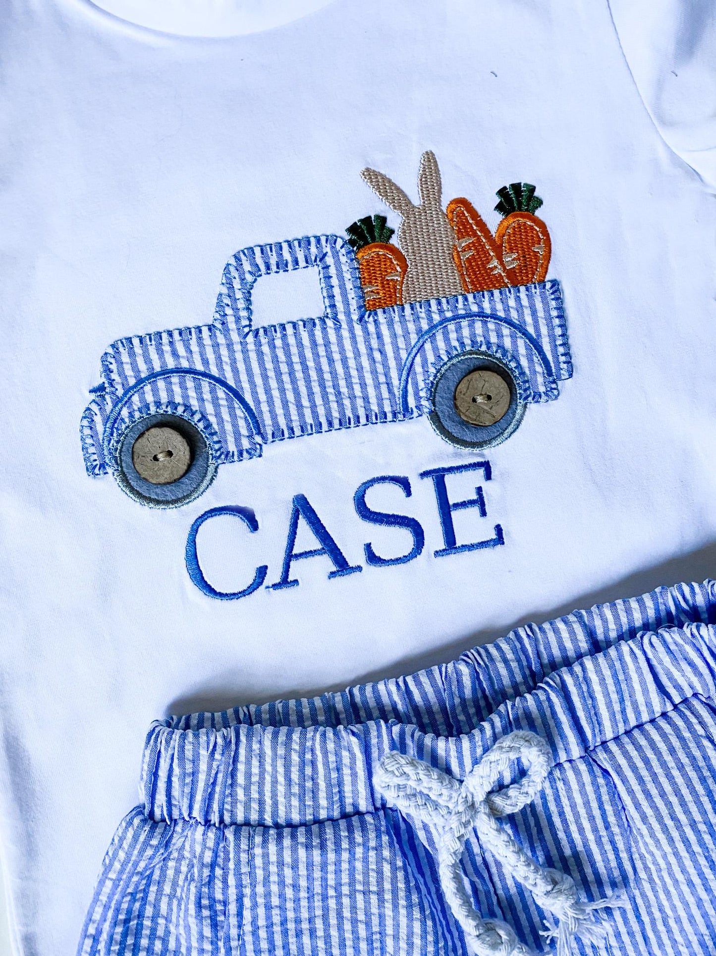 Boy's Personalized Easter Outfit: Embroidered Bunny Truck, Seersucker Shorts