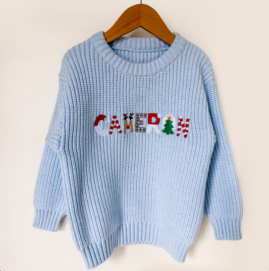 Boys' Personalized Christmas Name Sweater — Baby Blue - Savannah Creations