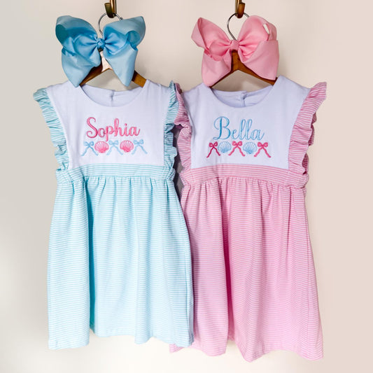 Custom Embroidered Striped Summer Dress with Ruffle Sleeves - Personalized Beach Outfit for Girls __etsy:8018551849