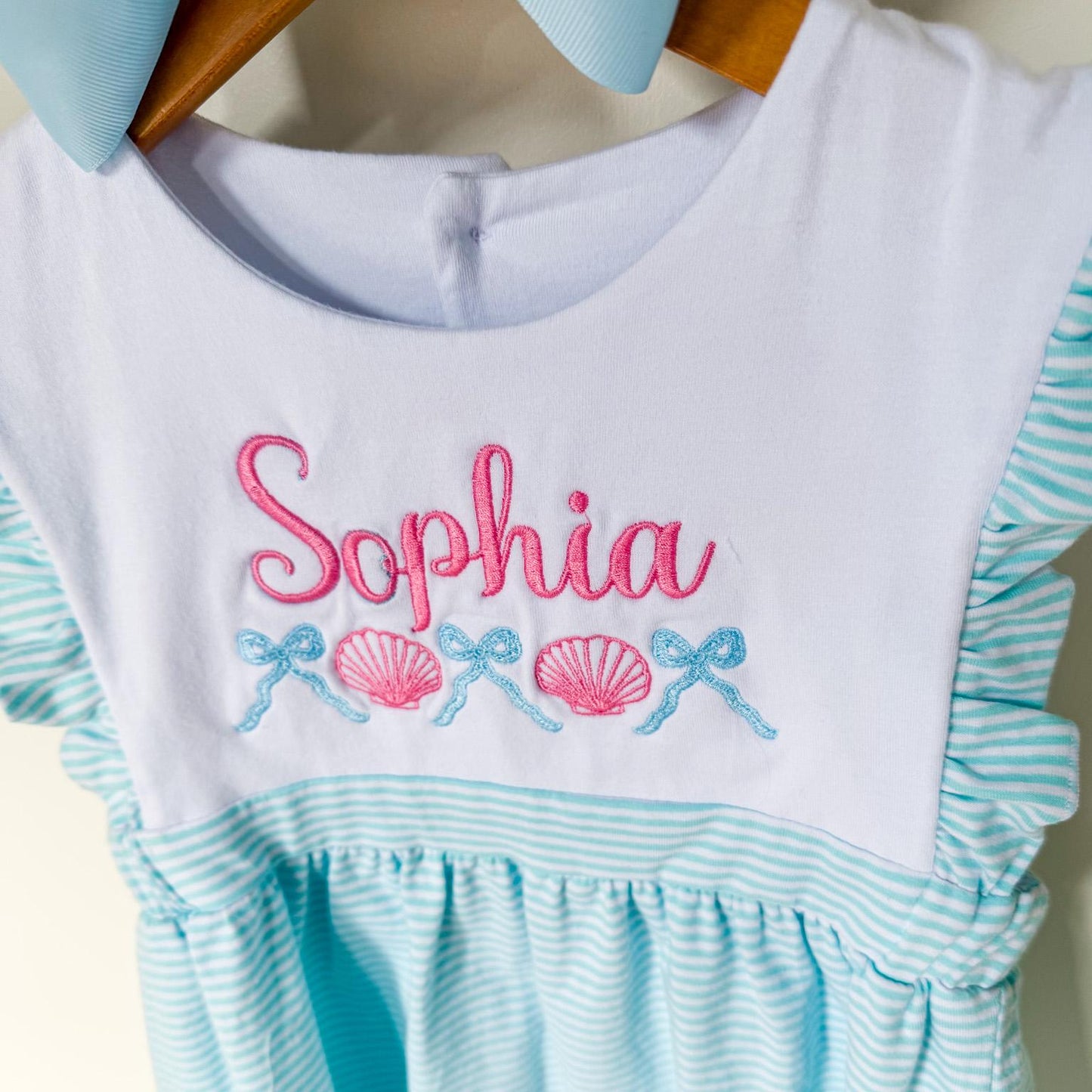 Custom Embroidered Striped Summer Dress with Ruffle Sleeves - Personalized Beach Outfit for Girls __etsy:8018551891