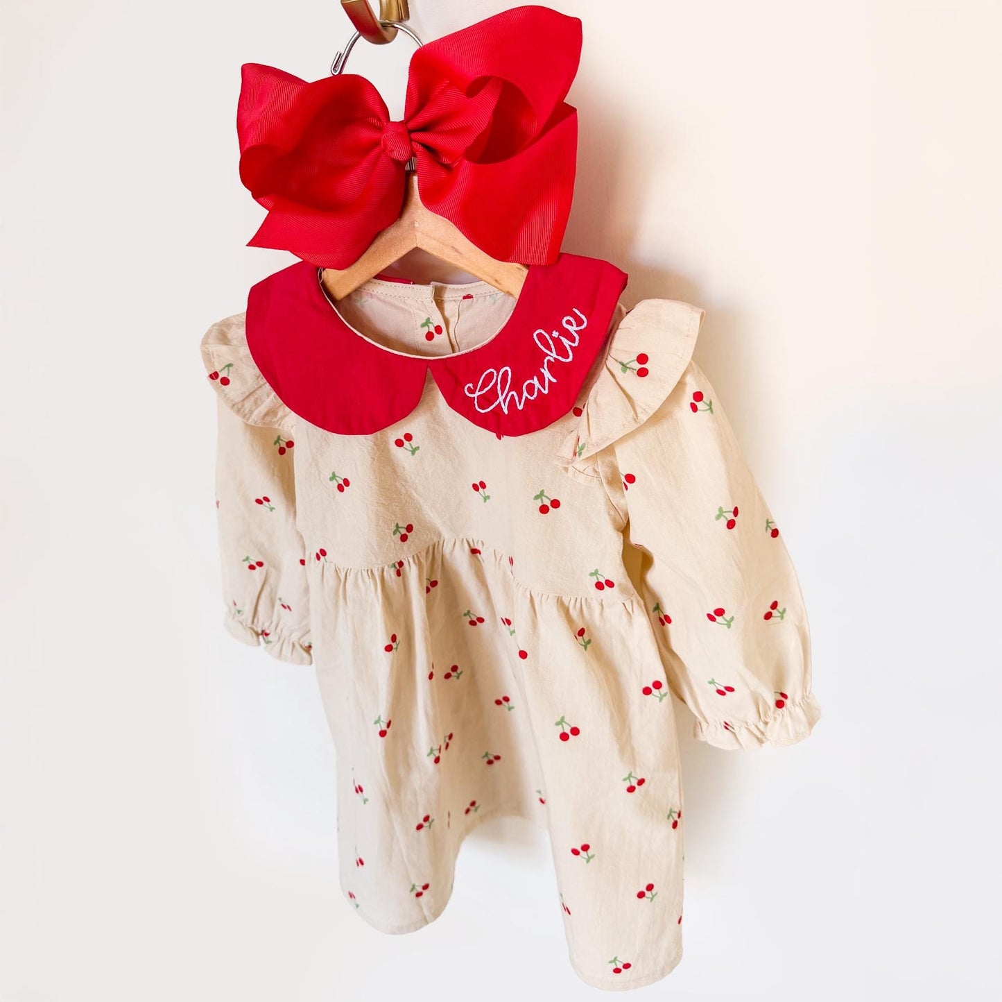 Girl's Monogrammed Cherry Dress, 100% Cotton, Birthday Party, Gift, Summer, Family Photos