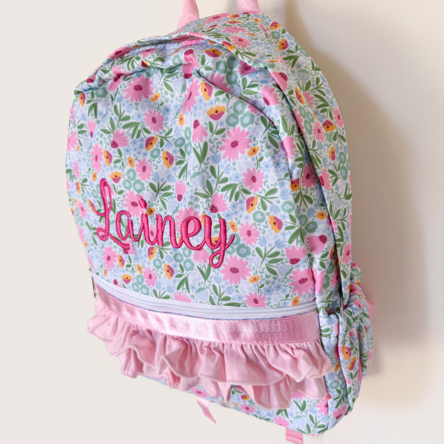 Personalized Floral Ruffle Backpack for Girls | Custom Embroidered School Backpack | Pink Flower Book Bag for Preschool, Elementary & Travel