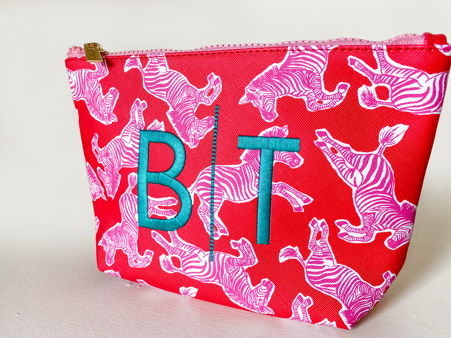 Cute pouch + cosmetic bag | leather pink & red zebra