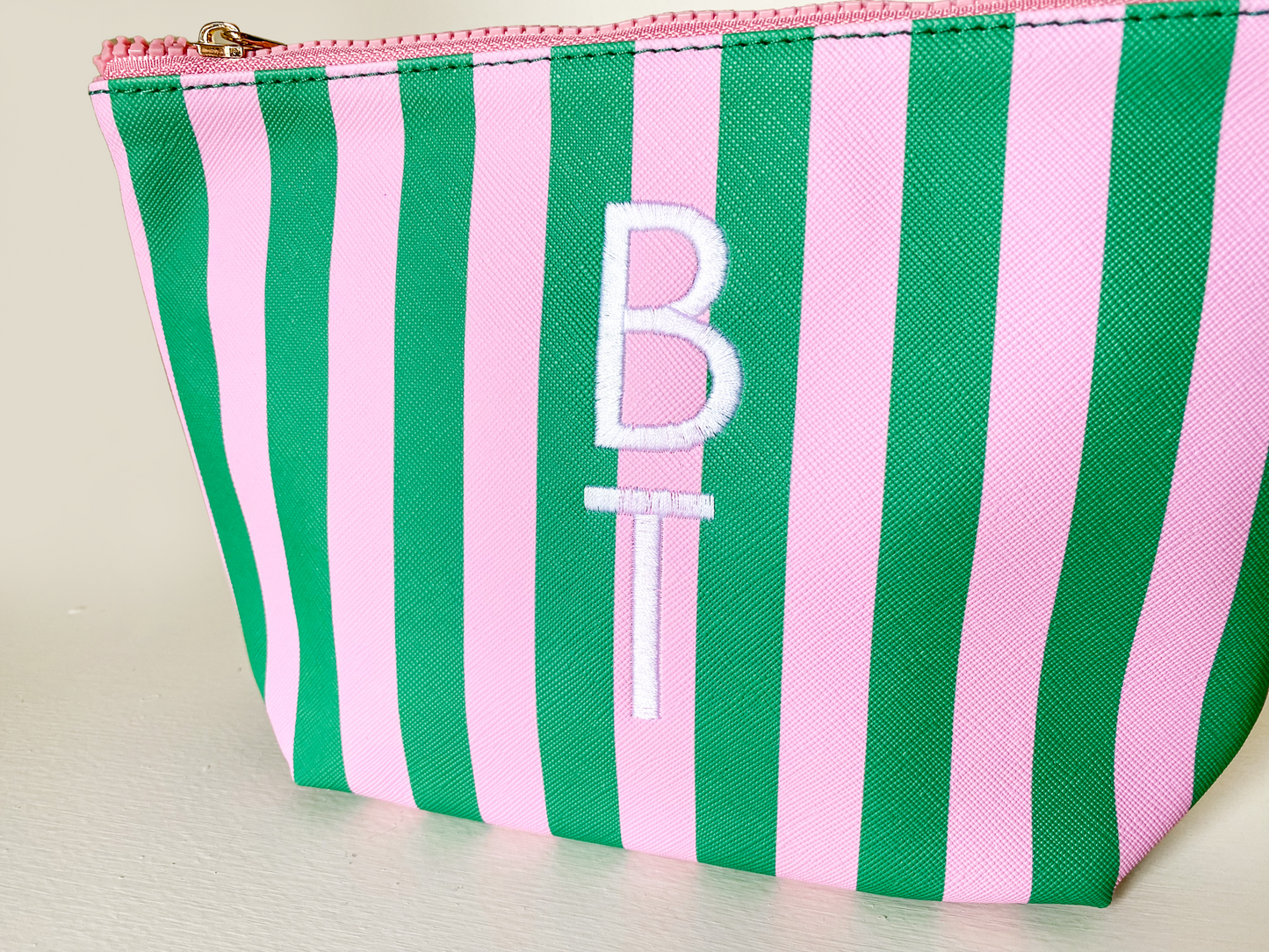 Cute pouch + cosmetic bag | leather pink & green stripe