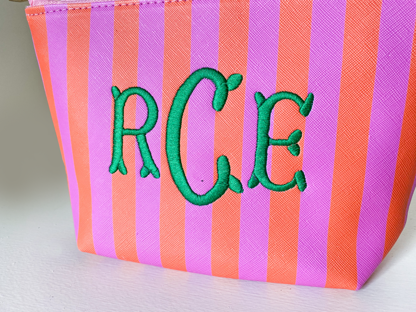 Cute pouch + cosmetic bag | leather pink & red stripe