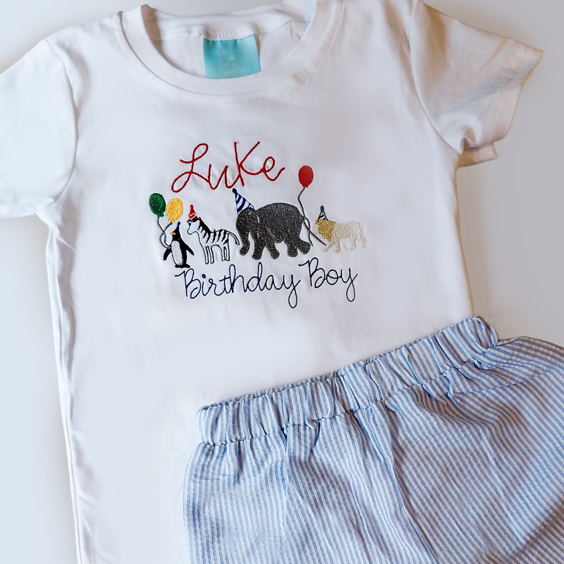 Monogrammed Birthday Boy Outfit: Embroidered Animal Party Shirt & Shorts - Savannah Creations