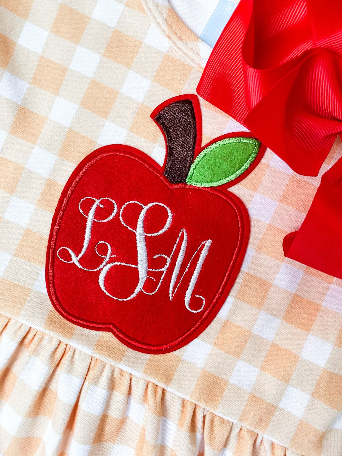 Monogrammed Girls Back to School Dress with Bow: Embroidered Apple Outfit