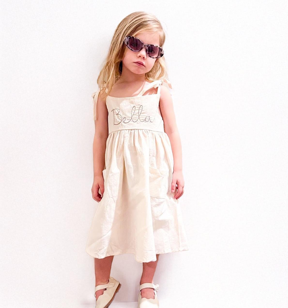 Monogrammed Toddler Cotton Linen Dress: Tie Strap Bow, Personalized Birthday Gift