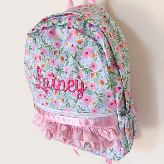 Personalized Floral Ruffle Backpack for Girls | Custom Embroidered School Backpack | Pink Flower Book Bag for Preschool, Elementary & Travel - Savannah Creations