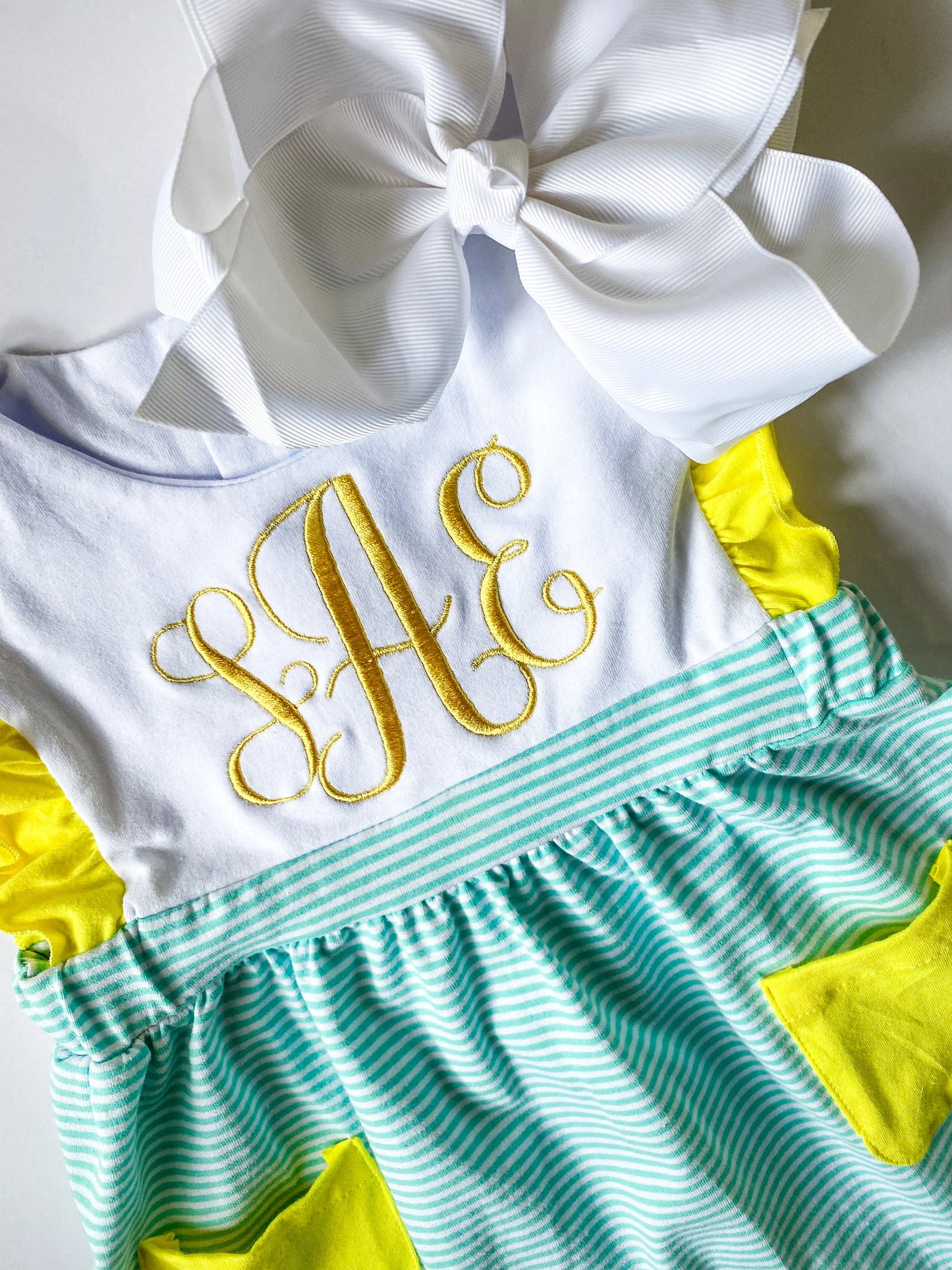 Personalized Girl's Monogrammed Dress with Matching Velvet Bow - Savannah Creations