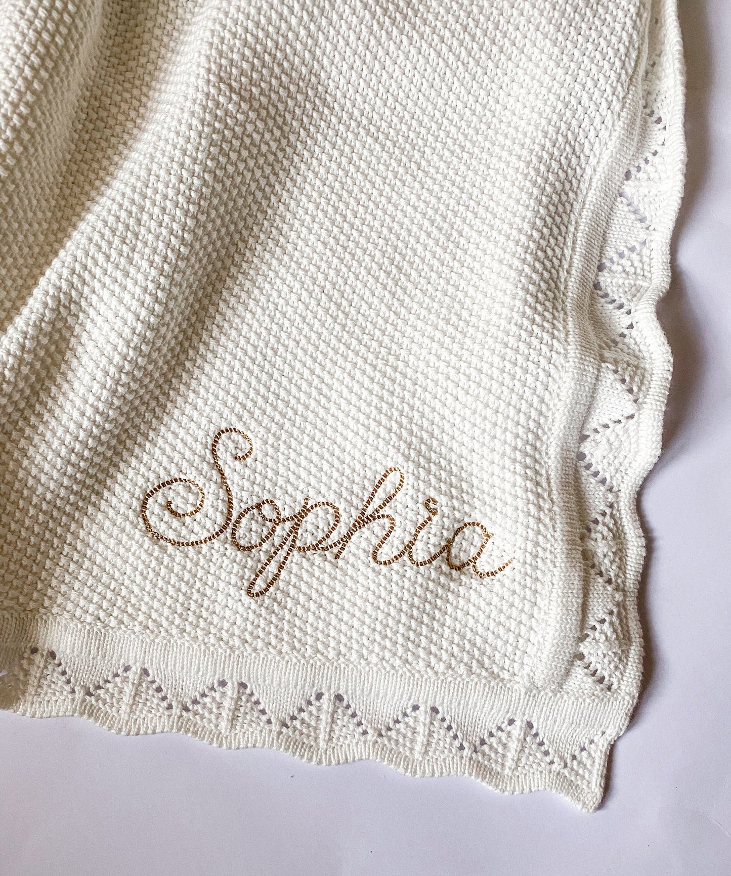 Monogrammed Baby Blanket: Scallop Edge, Embroidered 100% Cotton Knit
