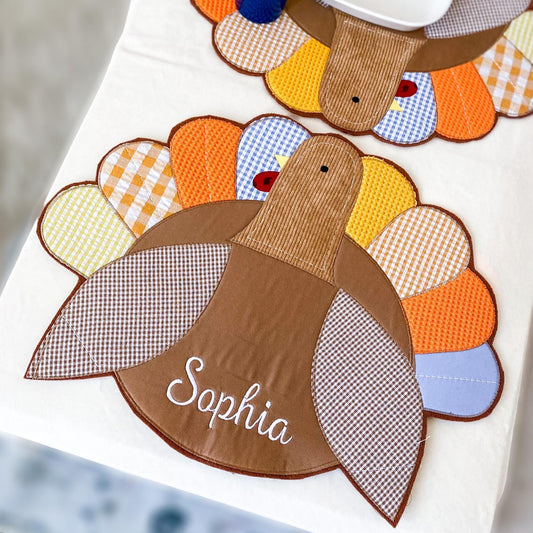 Personalized Thanksgiving Turkey Placemat: Embroidered Kids Table Decor