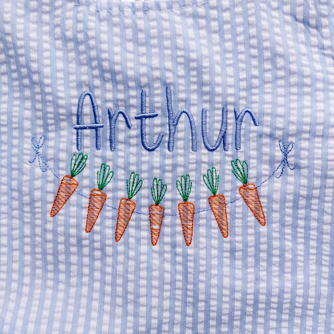 Personalized Boys Easter Outfit, Embroidered Carrot, Blue Seersucker