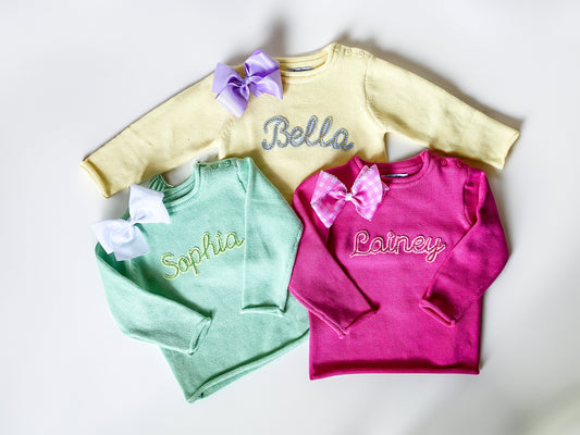 Monogrammed Felted Name 100% Cotton Rollneck Sweater, Matching Bow for Toddlers and Kids, High Quality Customized Winter, Gift, Christmas