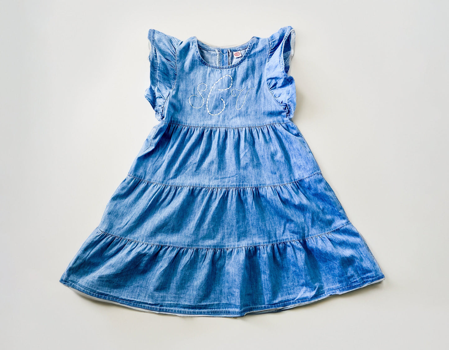 Girls monogrammed Denim Dress, Embroidered Tiered Dress, Birthday Gift, Summer, Back to School
