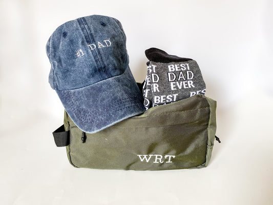 Customized Father's Day Gift Set, Embroidered, You Personalize, Dad Day, Birthday, Custom Hat, Toiletry Bag, Socks