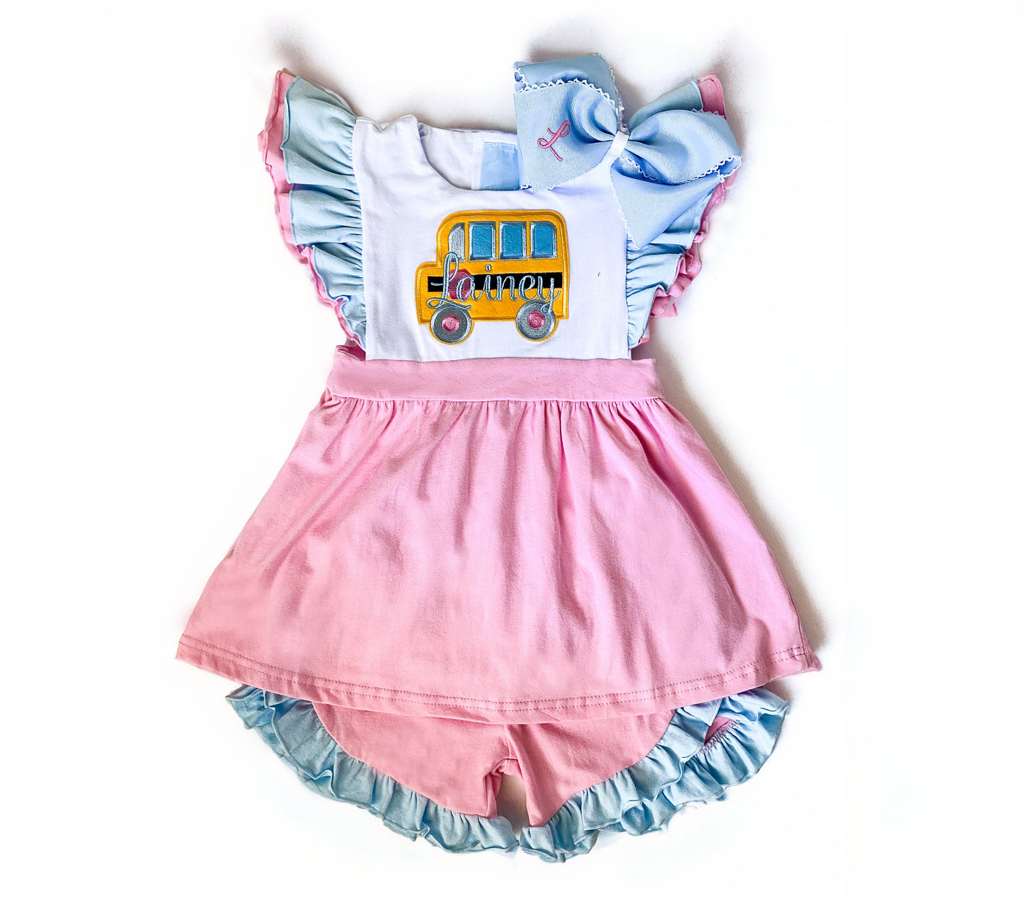 Girl's Back To School Monogrammed 2 Piece Outfit, Tunic and Ruffle Shorts, Customized with School Bus Design, First Day of School, and bow
