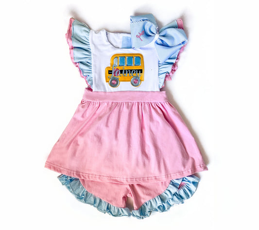 Girl's Back To School Monogrammed 2 Piece Outfit, Tunic and Ruffle Shorts, Customized with School Bus Design, First Day of School, and bow