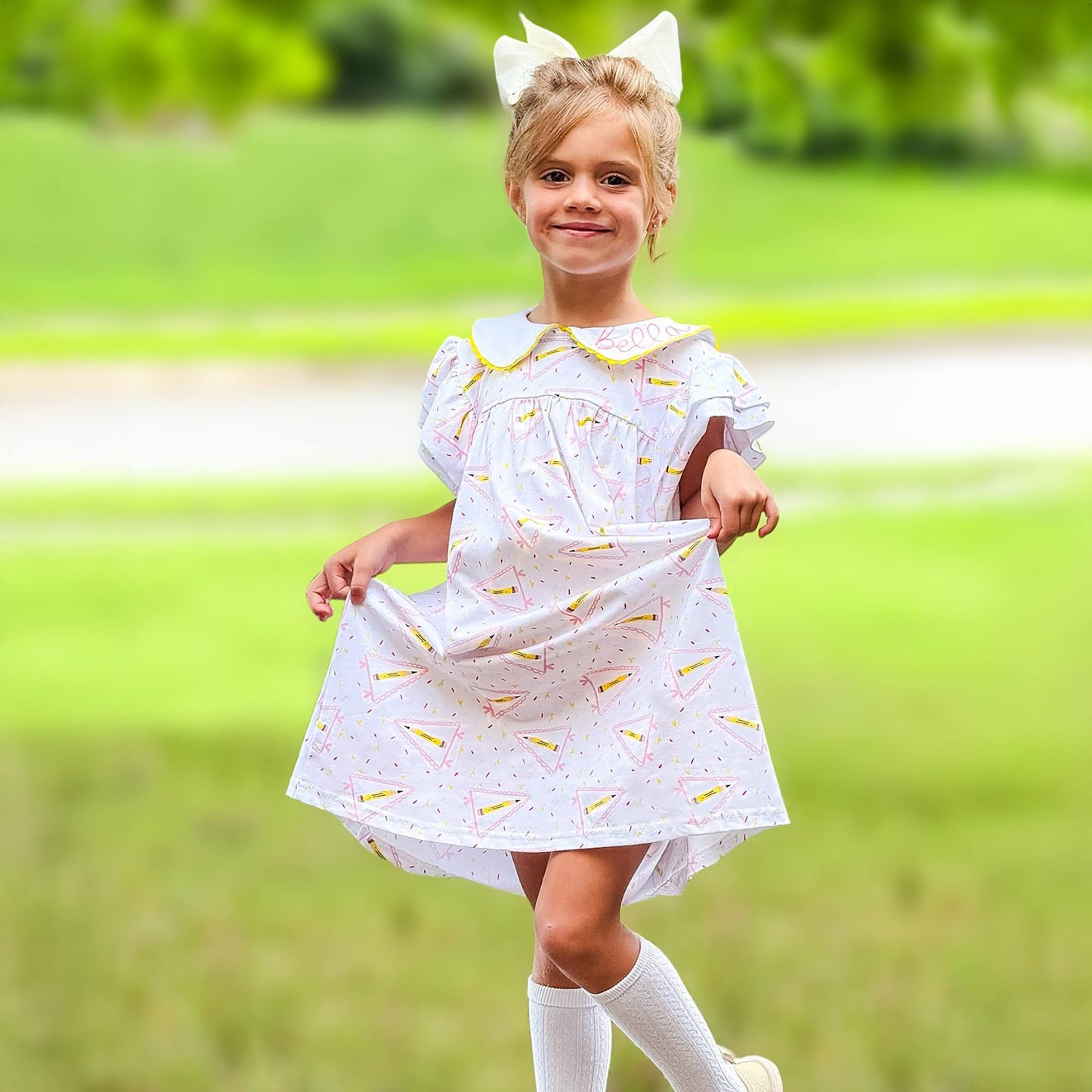 Girl's Monogrammed Back to School Pencil Flag Dress