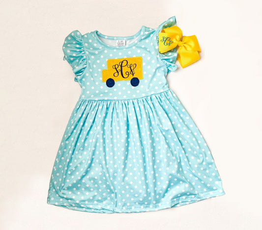 Girl's Monogrammed Back to School Dress and Matching Bow, Embroidered, First Day of School, School Outfit, School Buss