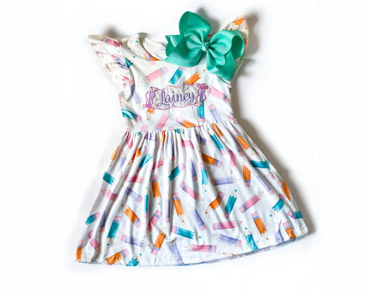 Girl's Monogrammed Back to School Dress and Matching Bow, Embroidered, First Day of School, School Outfit. Colorful Pencil Dress
