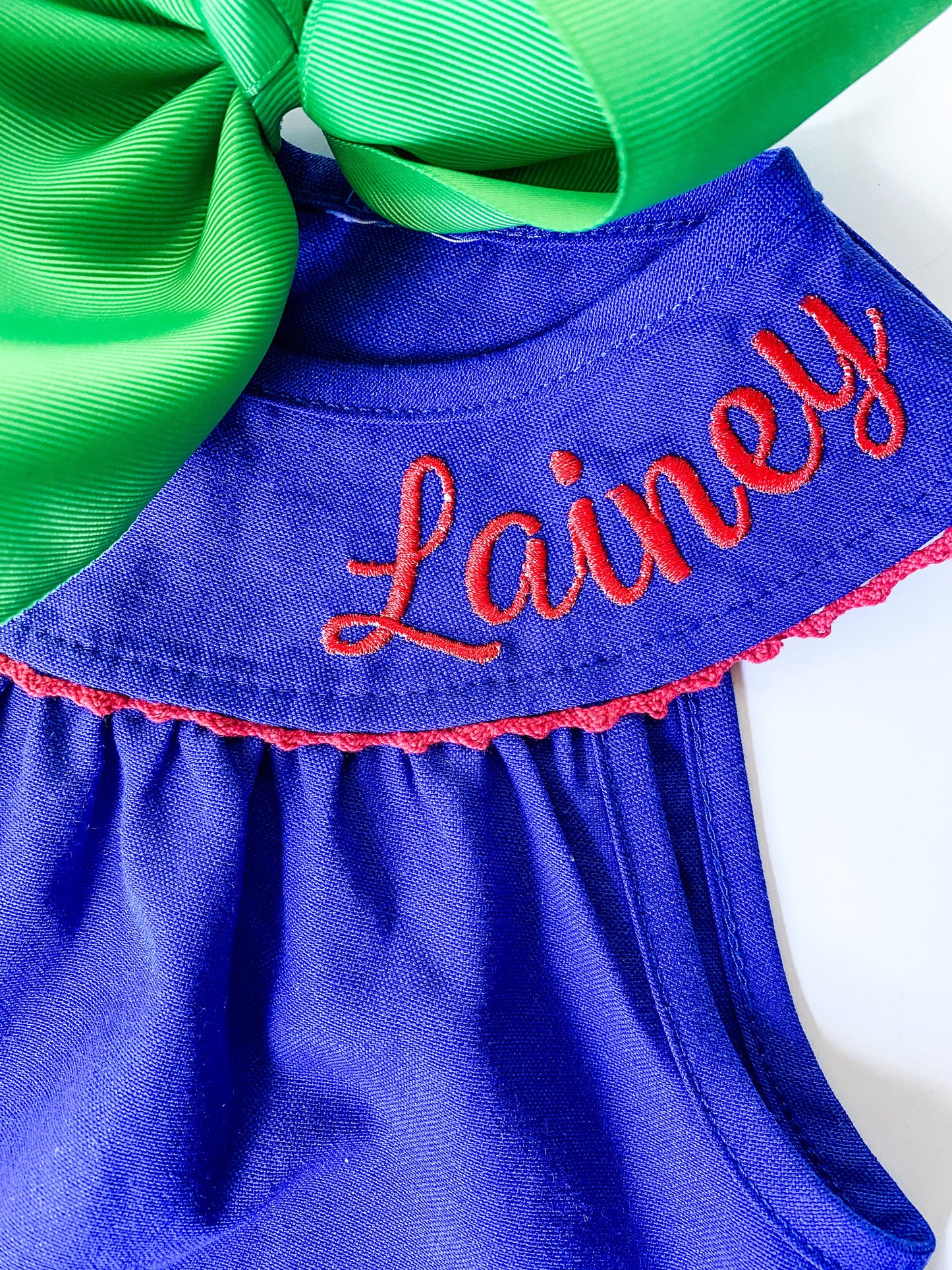 Girl's Back to School Monogrammed Neckline Apple Themed Dress, Personalized with Name, With Matching Bow