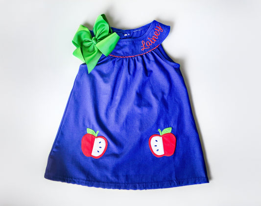 Girl's Back to School Monogrammed Neckline Apple Themed Dress, Personalized with Name, With Matching Bow