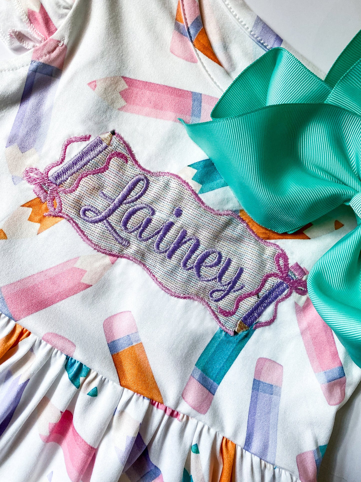 Girl's Monogrammed Back to School Dress and Matching Bow, Embroidered, First Day of School, School Outfit. Colorful Pencil Dress