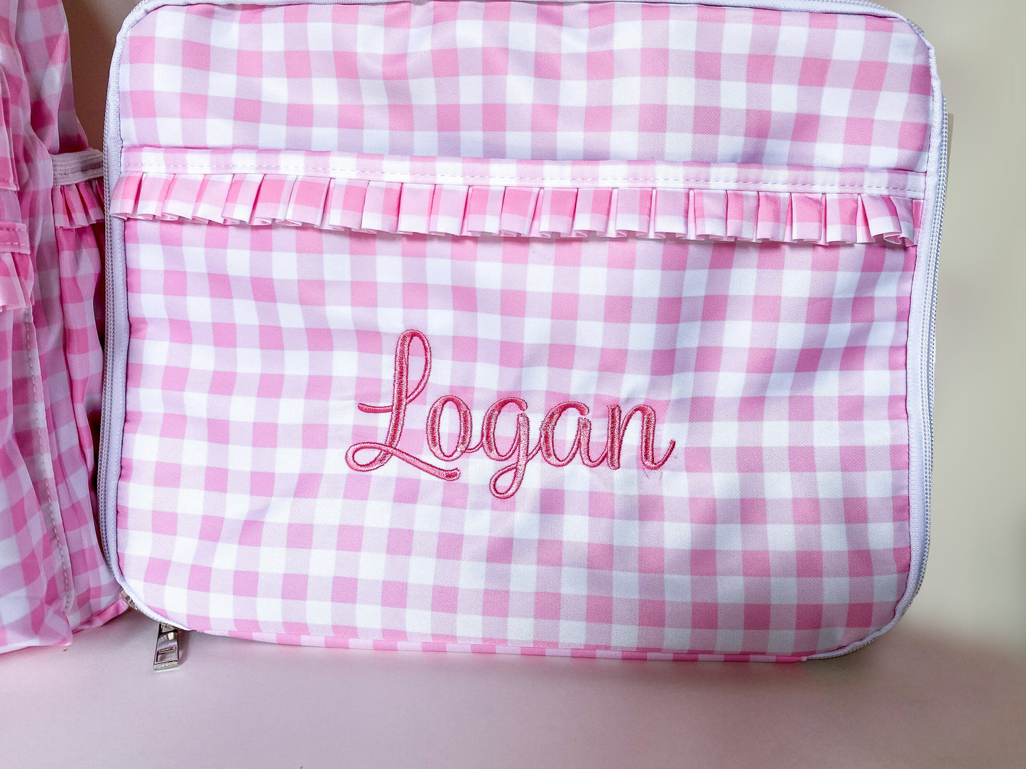 Girl's Monogrammed Gingham Backpack and Lunch