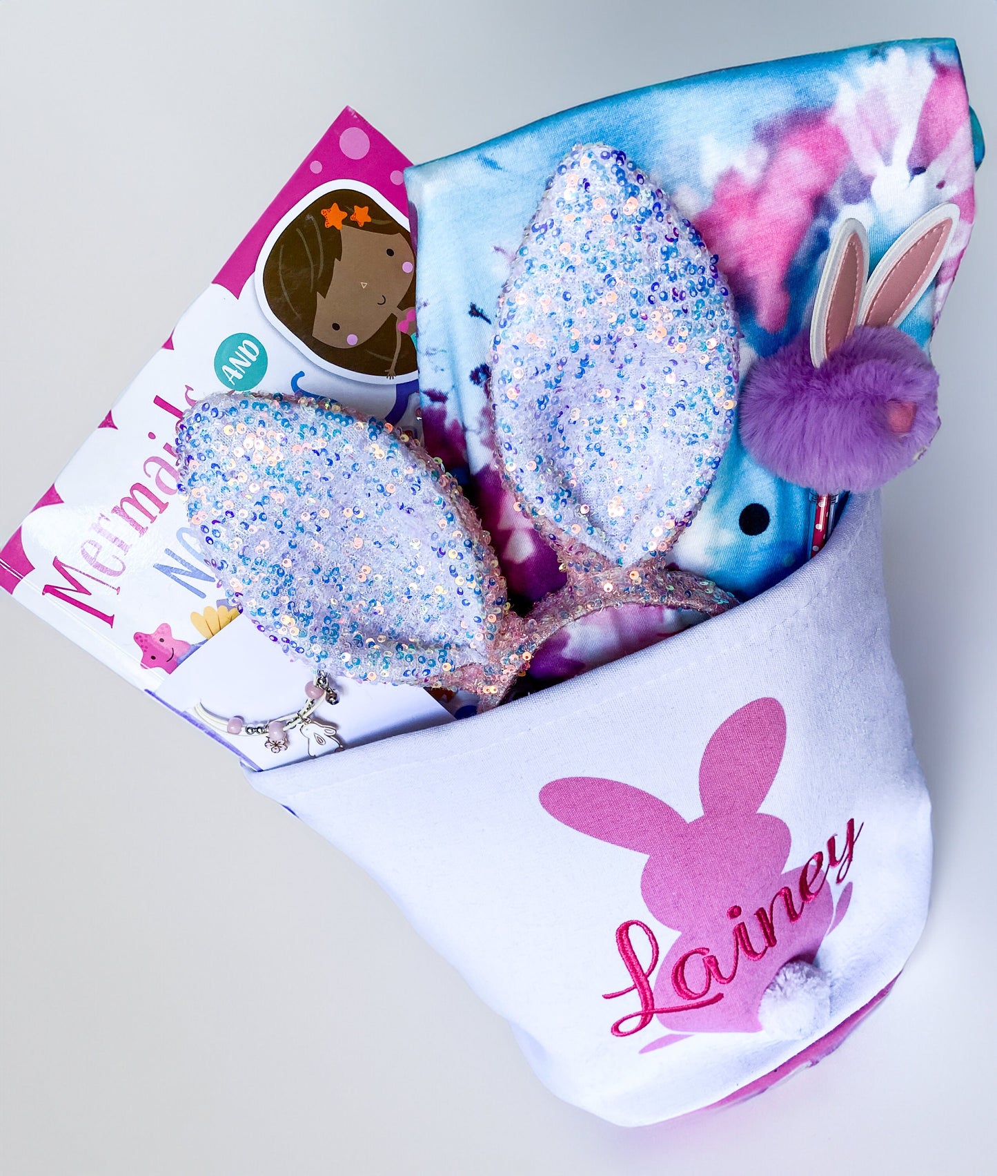 Teen/Tween Girl Monogrammed Customized Easter Basket, Girly Easter Gift, Easter Activity And Accessories with Tie-Dye Bunny Shirt