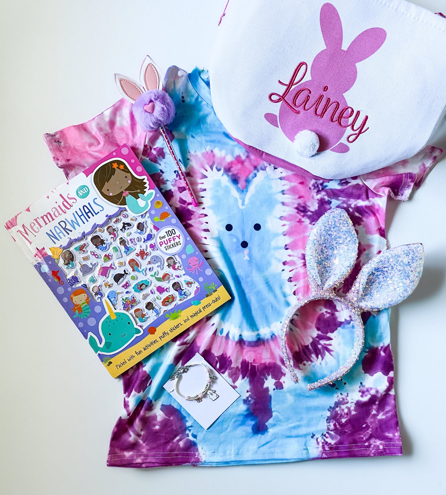 Teen/Tween Girl Monogrammed Customized Easter Basket, Girly Easter Gift, Easter Activity And Accessories with Tie-Dye Bunny Shirt