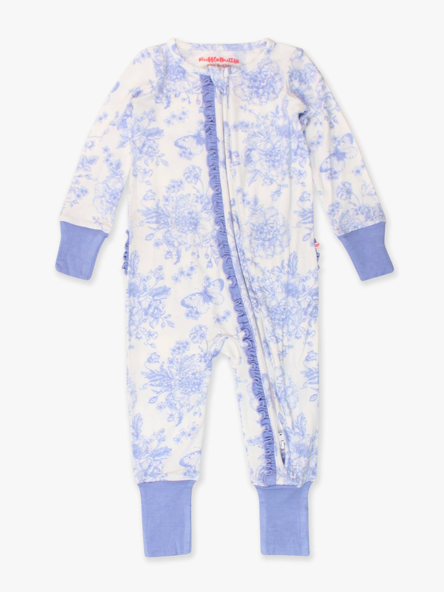 Baby Girls Bamboo Viscose Periwinkle Butterfly Garden Convertible Ruffle One Piece Footie Pajama