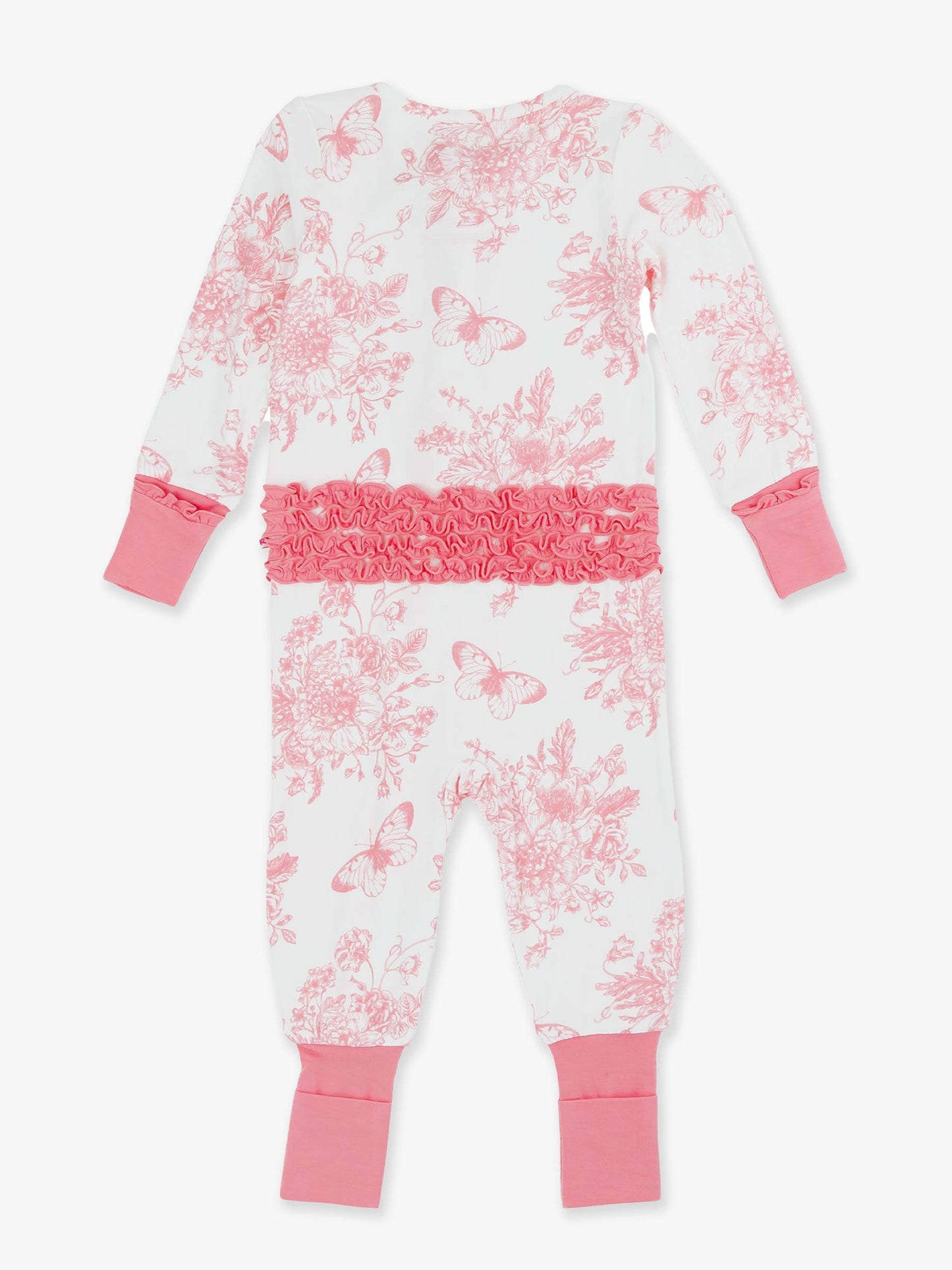 Baby Girls Bamboo Viscose Pink Butterfly Garden Toile Convertible Ruffle One Piece Footie Pajama