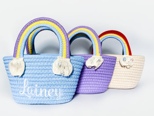 Girl's Toddler Kid's Monogrammed Customized Rainbow Handle Purse, Summer Purse, Woven, Party Favor, Birthday Gift, Kids Accessory