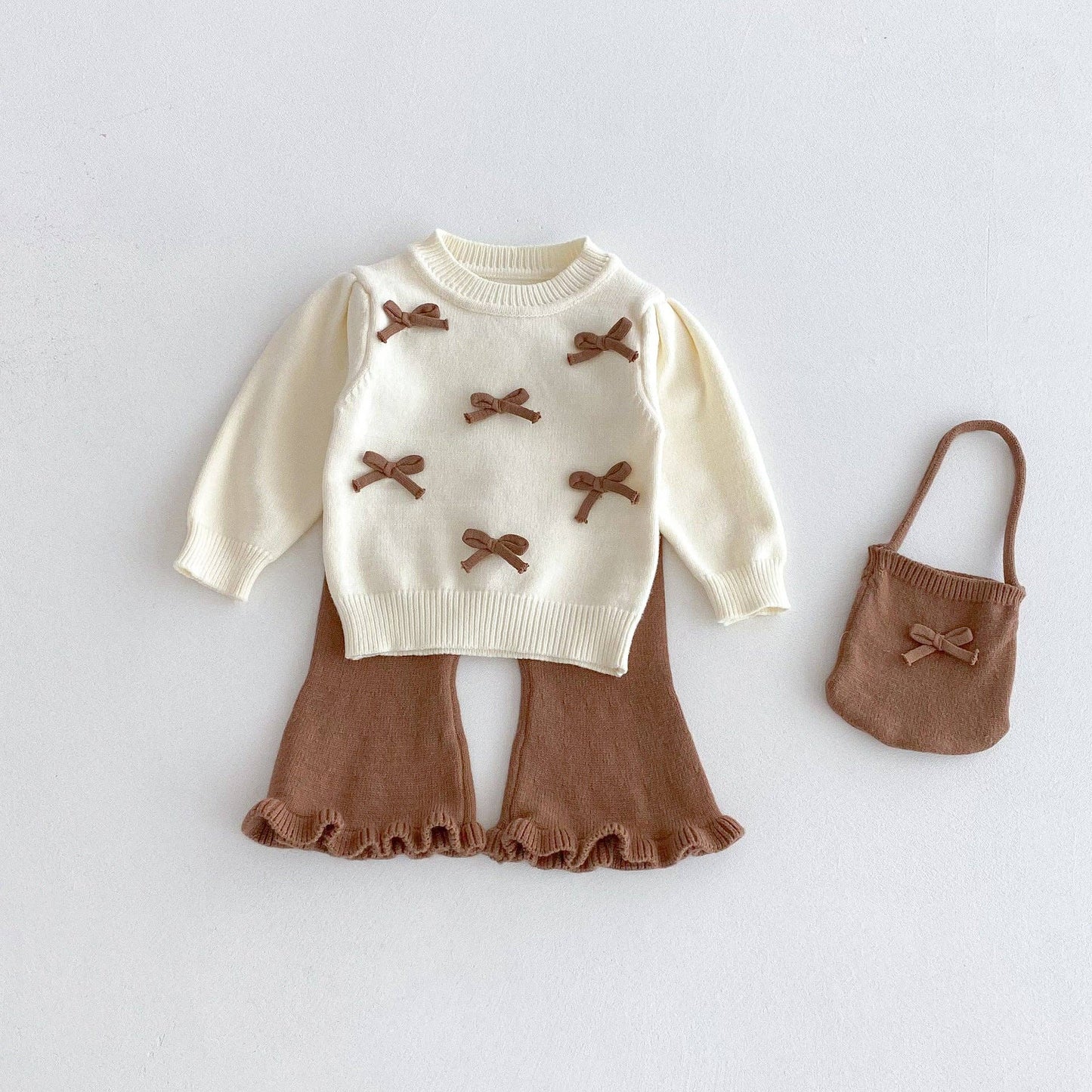 Girls’ Fall Winter Sweater with Bow, Flared Pants & Purse 3-Piece Outfit Set