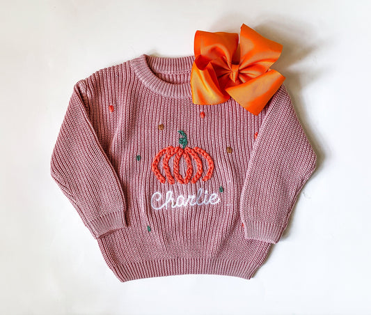 Toddler/Baby Fall Monogrammed Pumpkin Sweater with Bow, Yarn Stitch, Pumpkin Patch Outfit With Name, Gift, Chunky Knit Sweater for Baby