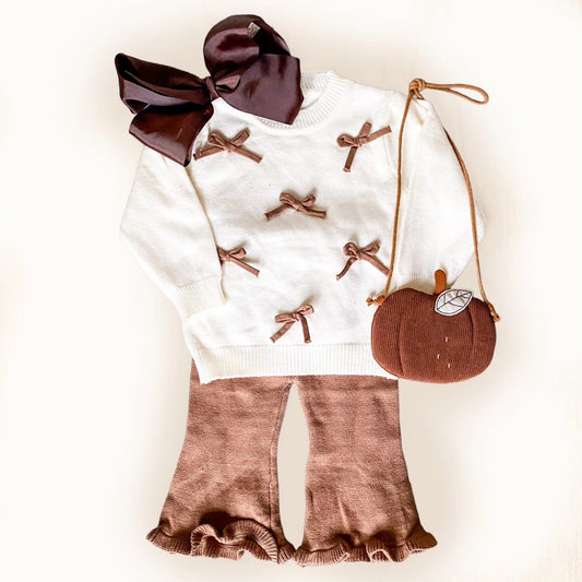 Girls’ Fall Winter Sweater with Bow, Flared Pants & Purse 3-Piece Outfit Set