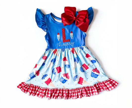 Girl's Monogrammed Patriotic Dress, 4th of July Party Outfit, Customized, Summer, Red White and Blue Popsicle Dress