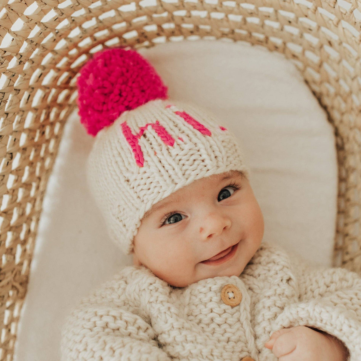 Hi. Neon Pink Knit Beanie Hat for Baby