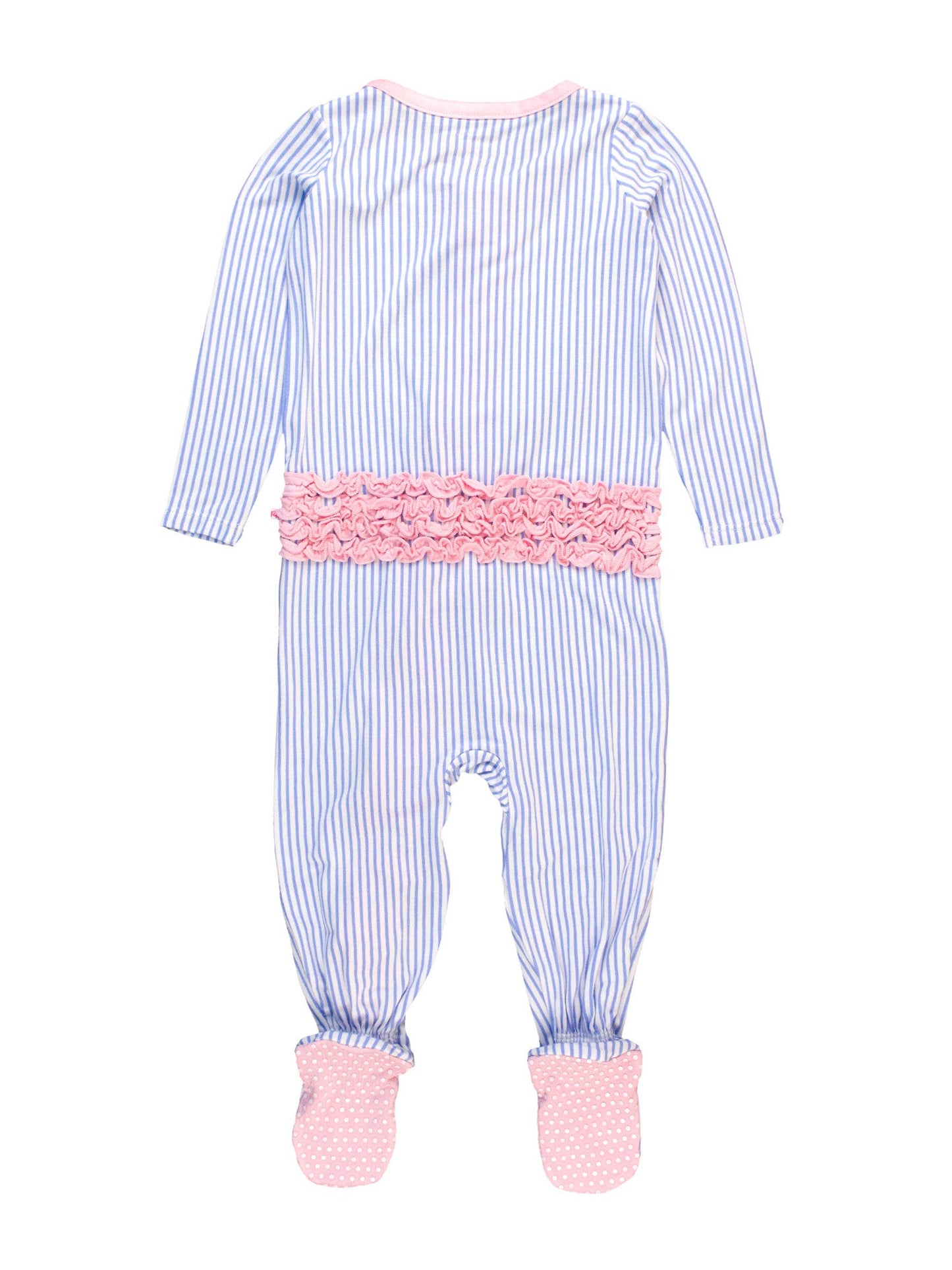 Baby Girls Bamboo Viscose Periwinkle & White Micro Stripe Footed Ruffle One Piece Pajama